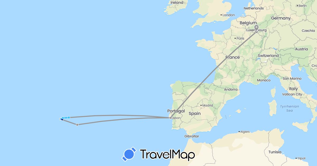 TravelMap itinerary: driving, plane, boat in Luxembourg, Portugal (Europe)